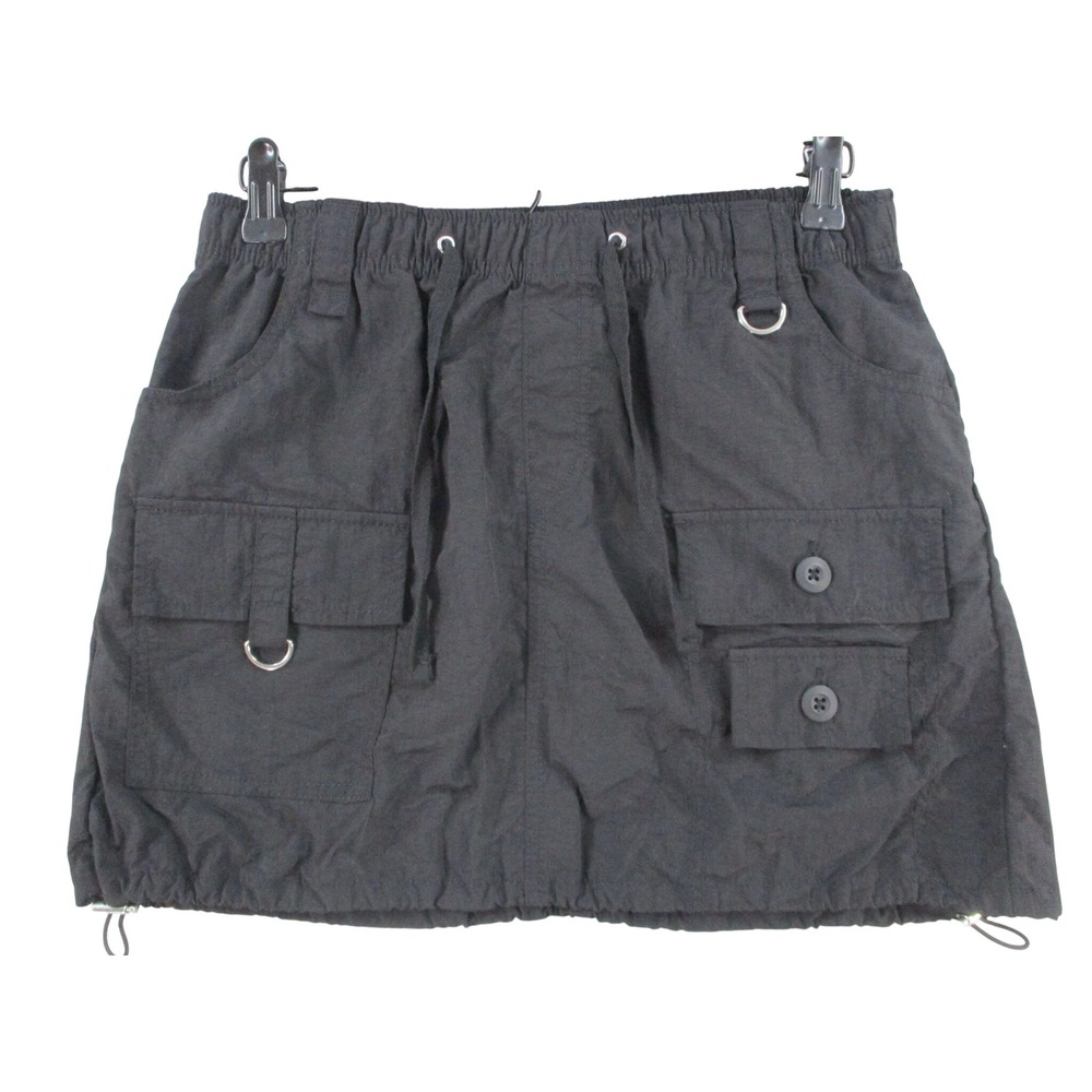 Utility Cargo Mini Skirt Black Drawstring Elastic Waist DRing Pockets Toggle Hem